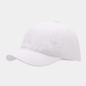 Detail view of white quick-dry baseball cap with twill fabric and breathable eyelets
