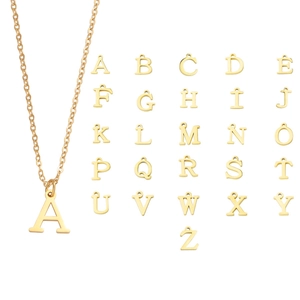 Golden stainless steel necklace featuring letter A pendant with A-Z alphabet charms set