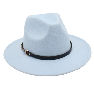 Detailed close-up of light blue wool fedora hat with black leather belt and gold buckle