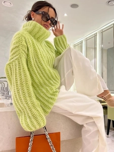Oversized neon green turtleneck mohair sweater with fluffy long sleeves for women