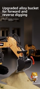 Close-up of alloy upgrade bucket and hydraulic arm detail on remote control excavator toy