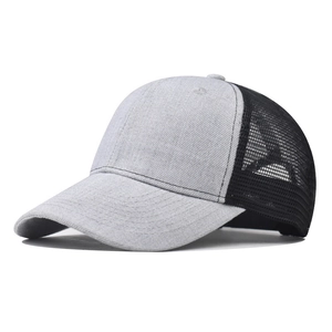 Adjustable mesh trucker hat with breathable gray twill front and black netting for men