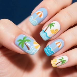 Summer beach press-on nails with coconut tree and wave designs in square shape