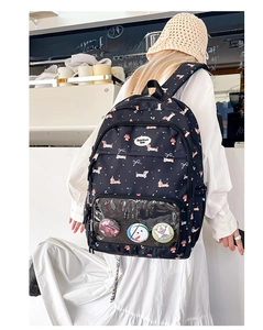 Detail of dachshund print backpack featuring transparent PVC display pocket and pins