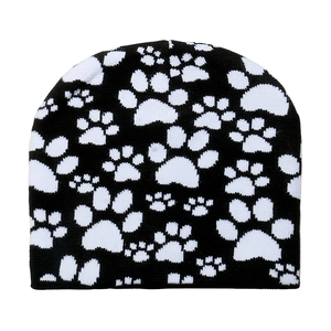 Gorro de punto de invierno para mujer con patrón de huellas de perro negro y blanco