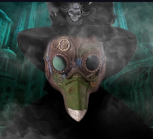 Steampunk plague doctor mask with metallic gears, top hat, and gothic smoke background