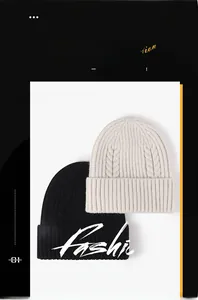 Close-up of cable knit texture and wide folded cuff on winter beanies in black and beige