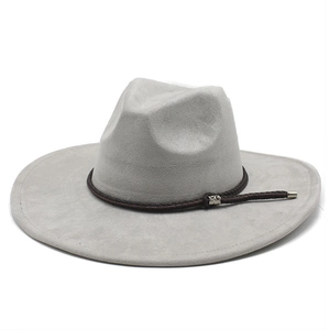 Detail of light grey wide brim fedora with brown braided leather band and metal buckle