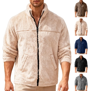 Men Fleece Jacket Stand Collar Zip Up Casual Sherpa Lined Thermal Outerwear Soft Warm Long Sleeve Coat