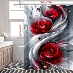 3D floral shower curtain with red roses and silver waves in a modern bathroom setup