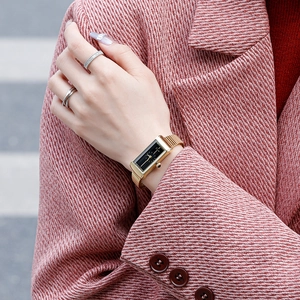 Elegant gold square watch for women with black dial and Milanese mesh steel strap