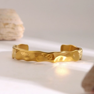 18K gold plated stainless steel wide open cuff bracelet with hammered wavy texture