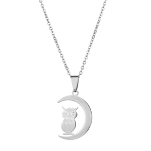 Polished stainless steel owl in crescent moon pendant necklace for men and women