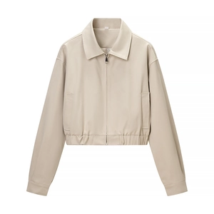Chic beige faux leather jacket with lapel collar and elastic waist for women
