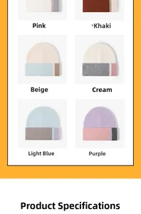 Grid display of warm knit beanies in six colors including pink, khaki, beige, and lilac