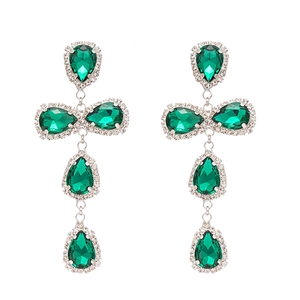 Luxurious emerald teardrop tassel earrings with silver needles and glittering rhinestones