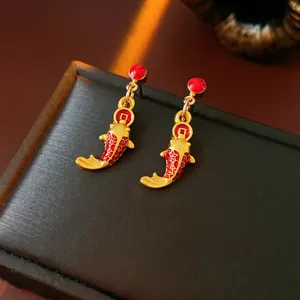 Boucles Oreilles Pendantes Carpe Koi Avec Silver Earring Post Alliage Émail Rouge Or Style Chinois Bijoux Élégants