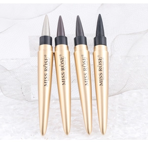 Close-up of four MISS ROSE eyeliner pencils in gold casing with silver, brown and black tips