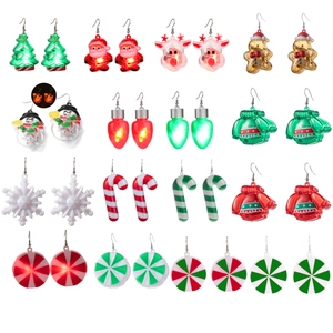 LED Flashing Christmas Earrings Colorful Light Up Novelty Santa Claus Reindeer Snowman Bulb Candy Cane Holiday Party Jewelry