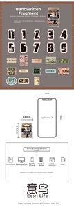 Macro shot of vintage stickers showing sizes, retro patterns, and iPhone X comparison