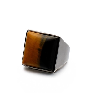 Fashion square tiger eye stone ring in silver stainless steel finish with wood grain texture