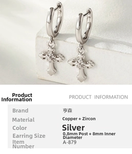 Detail of silver iris cross earrings with zircon inlay and 8mm inner diameter dimensions