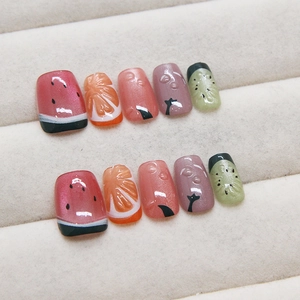 Handmade fruit press-on nails with 3D texture and colorful cat eye finish, 10-piece set