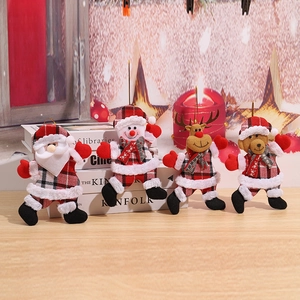 Set of 4 Christmas plush ornaments featuring Santa and Snowman in red plaid fabric