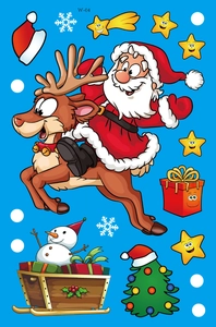 Detail of Christmas window stickers featuring Santa, reindeer, snowman and colorful snowflakes