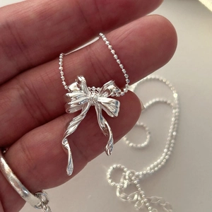 Bowknot Pendant Necklace 925 Sterling Silver Ball Chain Adjustable Minimalist Jewelry For Women