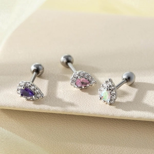 Water drop titanium steel cartilage studs with purple pink opal stones and zircon border