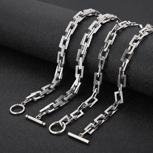 Silver stainless steel rectangular link chain necklace with OT toggle clasp closure