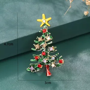 Christmas tree brooch with green enamel and multi-color rhinestones, size 4.7cm by 3cm