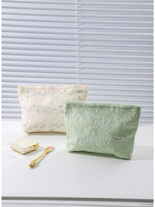 Portable jacquard cosmetic bags with rose patterns in cream and light green colors
