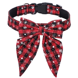 Christmas buffalo plaid dog collar with bow tie, reindeer and snowflake prints
