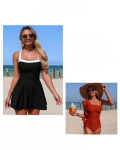 Vue détaillée de maillots de bain bicolores et maillot asymétrique à volants
