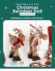 Detail of plush Christmas elk dolls with scarves and bells for holiday home decor