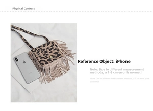 Detailed comparison of leopard print tassel bag size next to a smartphone