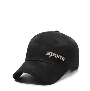 Close-up of camouflage baseball cap with 3D sports embroidery on durable dark grey fabric