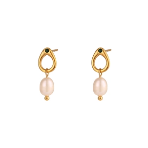 Minimalist gold hoop earrings featuring green gemstones and natural white pearl drops