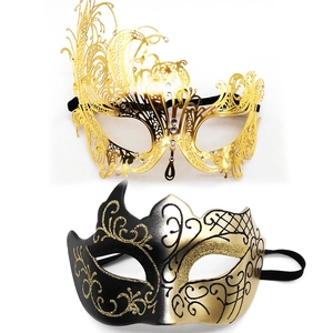 Gold lace metal and black glitter masquerade masks with rhinestones for carnival parties