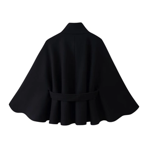 Rear view of black cape coat featuring a stand collar and elegant waist strap detail