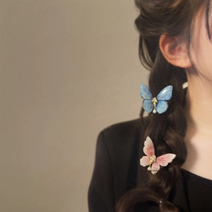 Detail of butterfly hair clips with embroidery, rhinestones and hanging pearls on braids