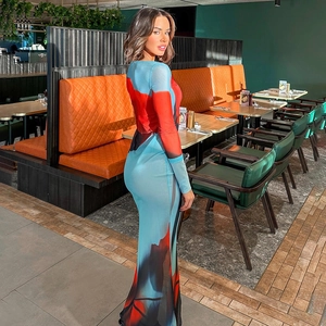 Détail d'une robe maxi en mesh moulante aux motifs d'ailes de papillon bleus et rouges