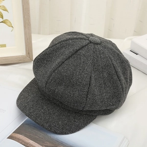 Classic dark grey wool octagonal newsboy hat for women with a vintage texture