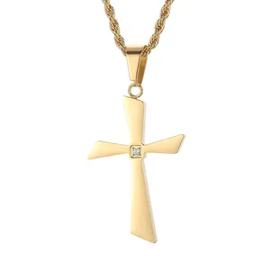Cross Pendant Necklace Stainless Steel With Rhinestone Polished Hip Hop Minimalist Jewelry For Men