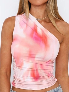 Detail of pink tie-dye one-shoulder Y2K top featuring a stylish ruched design and slim fit