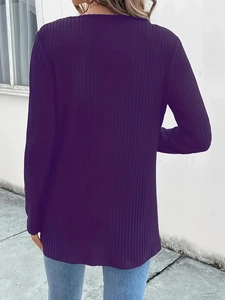 Rear view of a dark purple vertical ribbed knit cardigan jacket for women