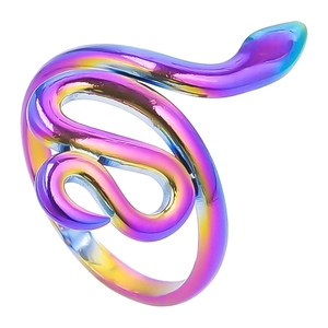 Detailed macro view of rainbow plated snake ring with colorful iridescent metallic finish
