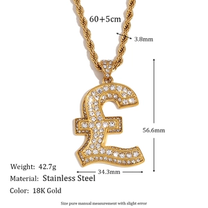 18K gold plated stainless steel necklace featuring iced-out British pound sign pendant